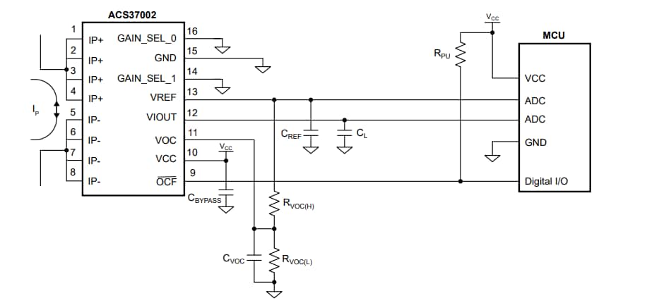 Schéma du circuit d'application - Allegro MicroSystems CI de capteurs de courant de haute précision de 400 kHz ACS37002
